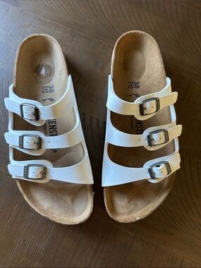 Birkenstock White Triple-Buckle Slides 7.5